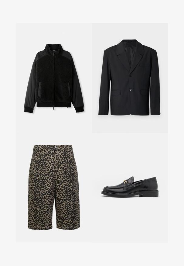 Schwarzer Blazer mit Reverskragen, Ein-Knopf-Verschluss, zwei Vorder Taschen und einer Brusttasche. Glattes Material mit klassischem Design.; Schwarze Jacke mit durchgehendem Reißverschluss, die einen flauschigen Stoff am Körper und glattes Material an den Ärmeln aufweist, mit seitlichen Taschen und einem Kragen.; Weißes Baumwoll-Top mit rundem Ausschnitt und breiten Trägern, kombiniert mit hellbeigen Hosen mit einem Knopf und Falten.; Leopardenmuster-Jeansshorts in erdigen Tönen, mit Knopfverschluss, fünf Taschen und entspannter Passform.; Schwarze Lederleter mit einer abgerundeten Zehenpartie, ausgestattet mit goldenen Hardwareakzenten und Stichdetails, auf einer niedrigen, strukturierten Gummisohle.