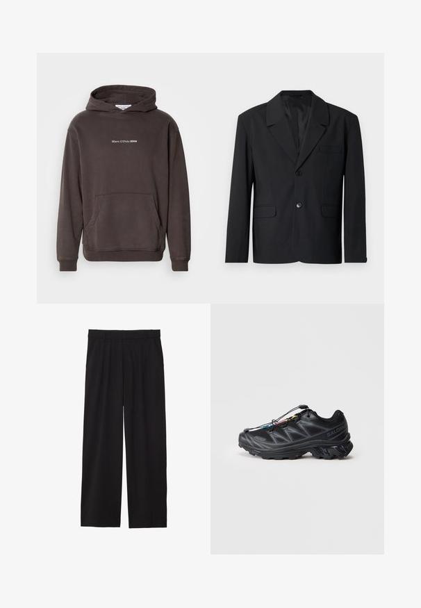 Musternahk, mille on terav krae, ühe nupuga kinnitamine, kaks esikäepidet ja rinnaauk. Sile kangas klassikalise disainiga.; Pruun kapuutsiga särk, millel on eesmine tasku, soonikkoes mansetid ja äär. Rinnal on valge logo tekst "Marc O'Polo DENIM". Pehme materjal.; Valge lühikeste varrukatega T-särk, mis on valmistatud puuvillast. Omab klassikalist ümarat kaelust ja mugavat lõiget, millel on sile tekstuur. Ei mingeid mustreid ega aktsente.; Mustad laiad püksid pleediga esiosas, küljetaskud ja sile kangas. Disainitud mugavaks istuvuseks.; Mustad must sportlik jalanõud tekstureeritud võrkkattega, tugevdatud varbaga ja kiire kinnitusüsteemiga. Omab jämedat talda ja kerget kontsahaardust.