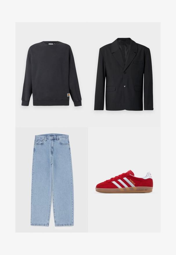 Zwarte blazer met een geknipte kraag, enkele knoopsluiting, twee voorkruizen en een borstzak. Glad stof met een klassiek ontwerp.; Donkergrijze crewneck sweatshirt met ribbed manchetten en zoom. Bevat een klein geweven logo-label aan de linksonderzijde. Van katoen, met een soepele textuur.; Zwarte T-shirt met korte mouwen van katoen, voorzien van een opvallende rode grafische print met drie leeuwfiguren en de tekst "Carhartt, Detroit, Mich."; Lichtblauwe denim jeans met een recht model, voorzien van een middelhoge taille, vijf zakken en een knoop- en ritssluiting.; Rode suède sneaker met een witte drie-strepenontwerp en gouden "Gazelle" tekst. Beschikt over een rubberen gumzool en een gestructureerde hiel.