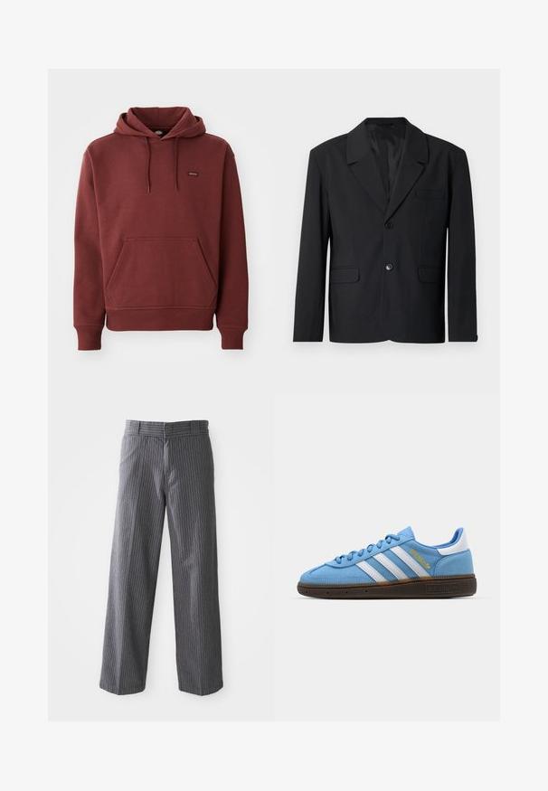 Čierny blazer s výstrihom do "V", jednobodovým zapínaním, dvoma prednými vreckami a vreckom na hrudi. Hladká tkanina s klasickým dizajnom.; Bordová mikina vyrobená z mäkkej tkaniny, s kengurskou vreckom, rebrovanými manžetami a spodným lemom, a s malou logovú nášivkou na hrudi.; Sivé pruhované široké nohavice s pútkami na opasok, plochým predným dielom a rovnými lemami, zobrazené na bielom pozadí.; Svetlomodré semišové tenisky s bielymi koženými pruhmi, hnedou štruktúrovanou podrážkou a zlatým logom. Nízky strih s okrúhlou špičkou.