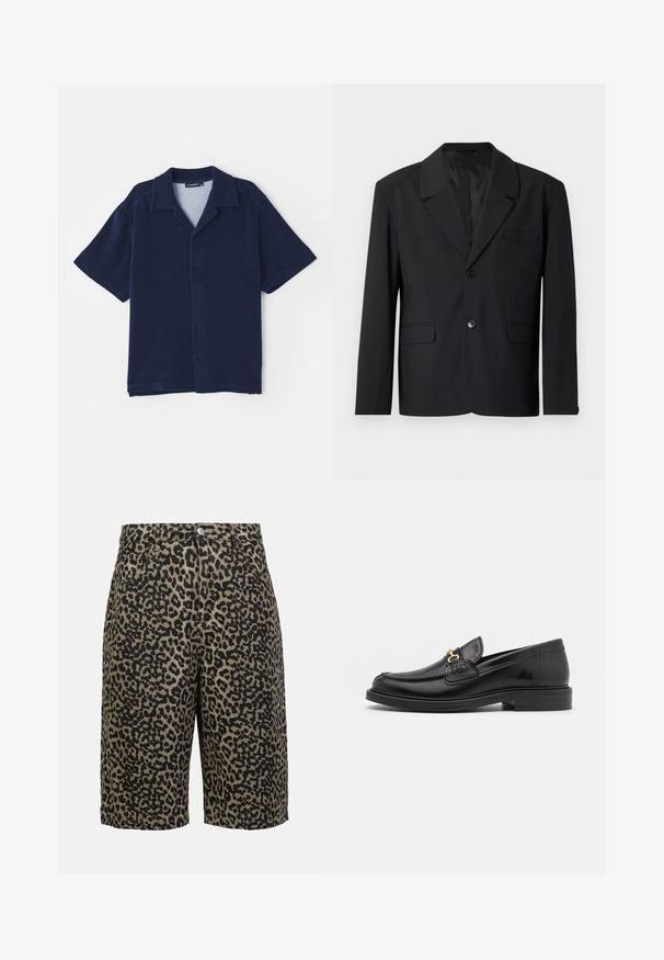 Sacou negru cu guler cu retez și închidere cu un singur nasture, două buzunare frontale și un buzunar pe piept. Fabrică netedă cu un design clasic.; Cămășă bleumarin cu mânecă scurtă, confecționată dintr-un material moale. Dispune de un guler întors și o închidere frontală cu nasturi. Textură netedă, fără modele.; Pantaloni şort din denim cu imprimeu leopard în tonuri pământii, având închidere cu nasture, cinci buzunare și o croială lejeră.; Loaferi din piele neagră cu vârf rotunjit, dotati cu accente aurii și detalii de cusătură, așezați pe o talpă joasă din cauciuc texturat.