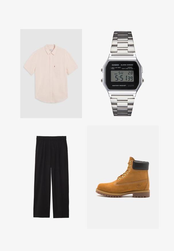Črn blazer z ovratnikom, zapiranjem na en gumb, dvema sprednjima žepoma in enim žepom na prsih. Gladka tkanina s klasičnim dizajnom.; Košulja s kratkimi rokavi, svetlo roza barve, z gumbi in ovratnikom, z žepom na levi strani prsnega dela ter zaobljenim robom. Narejena iz mehkega materiala z minimalno teksturo.; Črne široke hlače z nabranim sprednjim delom, stranskimi žepi in gladko teksturo tkanine. Oblikovane za sproščen kroj.; Svetlo rjave anklne čizme iz semiša z črnim oblazinjenim ovratnikom, zlatimi kovinskimi očesci, belimi šivi in robustnim gumijastim podplatom s izrazitimi tredi.; Digitalna Casio ura z črnim številčnico, srebrnim nerjavečim jeklenim paščkom, pravokotnim ohišjem in gumbi za svetlobo, ponastavitev kroga in prilagoditve načina.
