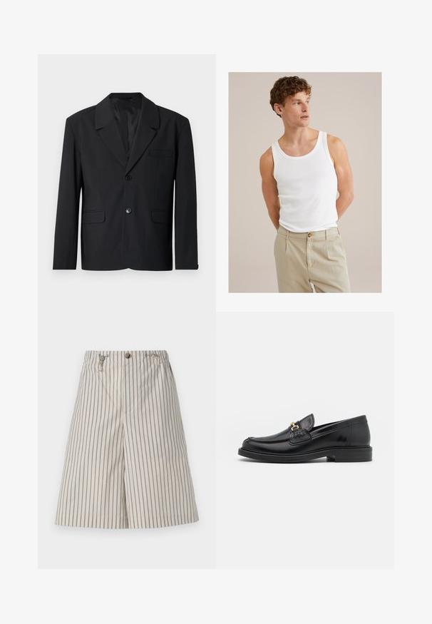 Fekete blézer, kigombolt gallérral, egy gombos záródással, két elülső zsebbel és egy mellzsebbel. Simább anyag, klasszikus dizájn.; Fehér pamut trikó, kerek nyakkivágással és széles pántokkal, világos bézs nadrággal, amelynek gombja és redőzete van.; Beige csíkos sort laza szabással, könnyű anyagból. Gombos záródással és két oldalsó zsebbel rendelkezik.; Fekete bőr loaferek, lekerekített orral, aranyszínű fémrész és varrási részletek díszítik, alacsony, strukturált gumitalpon.