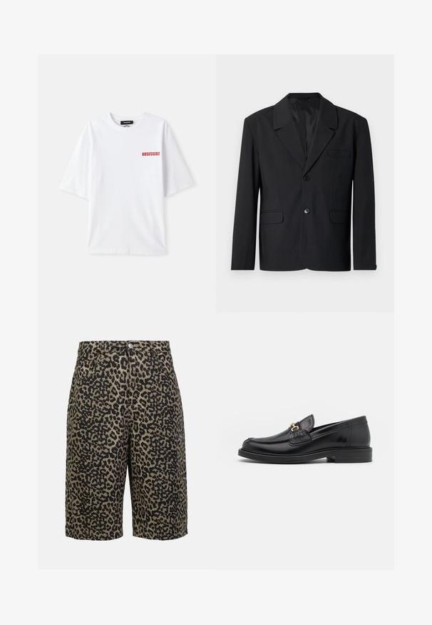 Musternahk, mille on terav krae, ühe nupuga kinnitamine, kaks esikäepidet ja rinnaauk. Sile kangas klassikalise disainiga.; Valge puuvillane T-särk lühikeste varrukatega, mille esiküljel vasakul pool on punane tekst "OBSESSED2". Klassikaline ümberringi kaelus.; Leopardimusteriga denim-lühikesed püksid maalikates toonides, varustatud nööpe closure, viie tasku ja relaxed fit'iga.; Mustad nahast loafers ümarate varvastega, millel on kuldne riistvaraline aksessuaar ja tikandite detail, paigutatud madalale, tekstureeritud kummist tallale.