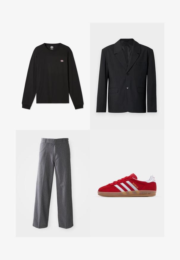 Musta bleiseri, jossa on viillon kaulus, yksittäinen nappisulku, kaksi etutaskua ja rintatasku. Sujuva kangas ja klassinen muotoilu.; Musta pitkähihainen t-paita puuvillasta, jossa on pieni monivärinen Dickies-logo vasemmassa rintakohdassa ja ribattu hihansuu.; Harmaat pinstripe-tyyliset leveälahkeiset housut, joissa on vyölenkit, litteä etuosa ja suorat lahkeet, esitetty valkoista taustaa vasten.; Punainen mokkanahkainen lenkkitossu, jossa on valkoinen kolmiraidallinen kuvio ja kultaiset "Gazelle"-tekstit. Varusteena kuminen pinta ja teksturoitu kanta.