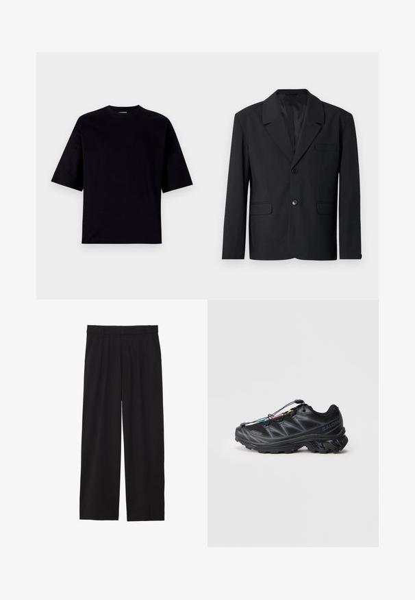 Melns žakets ar iegriezto apkakli, vienu pogu aizdari, divām priekšējām kabatām un krūšu kabatu. Gluda auduma uzbūve ar klasisku dizainu.; Melnas īsām piedurknēm T-kreklis, izgatavots no kokvilnas. Tam ir apaļa kakla izgriezuma forma un vaļīga piegriezne ar gludu tekstūru, bez rakstiem vai rotājumiem.; Melni platbagāžnieki ar plecu priekšpusi, sānu kabatām un gludu auduma tekstūru. Izstrādāti brīvai piegulšanai.; Melna sporta kurpe ar teksturētu sietu augšdaļu, pastiprinātu purngali, un ātru savilkšanas sistēmu. Iezīmējas ar izturīgu zoli un vieglu papēža pacelšanos.