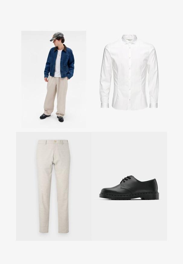 Jongere in een camouflagepet, blauwe spijkerjas, wit shirt, beige wijde broek, zwarte schoenen en een gouden kruisukkig, staand tegen een witte achtergrond.; Witte langesleeve overhemd met knopen, gemaakt van een gladde stof. Kenmerkt zich door een klassieke kraag, voor knopen en manchetten met één knoop. Slim fit ontwerp.; Lichtbeige broeken met een rechte pasvorm, gemaakt van lichtgewicht stof. Voorzien van een enkele knoopsluiting en eenvoudige stikdetails.; Zwarte leren oxford schoenen met vetersluiting, ronde neus, platte rubberen zool en subtiele stiksel details langs het bovenwerk.