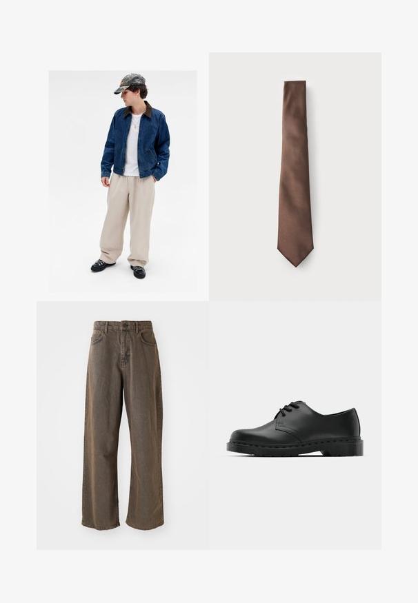 Mlada oseba z vojaškim pokrivalom, modrim jeans jopičem, belim majico, bež širokimi hlačami, črnimi čevlji in zlatim križem, ki stoji pred belo ozadjem.; Bela srajca z dolgimi rokavi in gumbi, izdelana iz gladkega materiala. Ima klasičen ovratnik, sprednje gumbke in manšete z enim gumbom. Oblika je ozka.; Široke, rjave denim hlače s gumbom za zapiranje, zankami za pas in sprednjimi žepi. Tkanina ima rahlo zbledel videz.; Črne usnjene oksford čevlje z vezalkami, zaobljenim prstom, ravnim gumijastim podplatom in diskretnim šivanjem po zgornjem delu.; Rjava svila kravata z gladko teksturo, ozko obliko in koničastim koncem, prikazana na enobarvni podlagi.