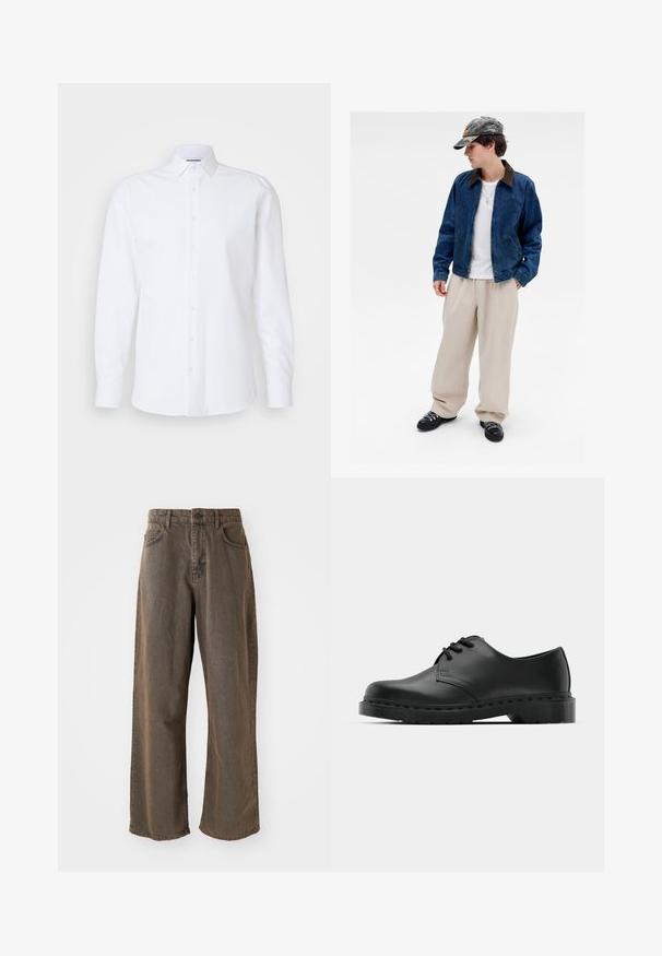 Nuori henkilö, jolla on camouflagemallinen lakki, sininen farkkutakki, valkoinen paita, beiget leveät housut, mustat kengät ja kultainen ristiriipus, seisoo valkoista taustaa vasten.; Valkoinen pitkähihaista napitettua paitaa, joka on valmistettu sileästä puuvillasta. Siinä on klassinen kaulus, etuosa nappilista ja suora helma.; Haarallega, ruskeat farkut napissa, vyölenkeillä ja etutaskuilla. Kangas on hieman haalistunut.; Musta nahkainen oxford-kengät, joissa on nauhakiinnitys, pyöreä kärki, litteä kumipohja ja hillitty ompelutaito yläosassa.