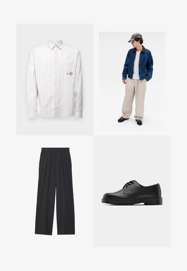 Jongere in een camouflagepet, blauwe spijkerjas, wit shirt, beige wijde broek, zwarte schoenen en een gouden kruisukkig, staand tegen een witte achtergrond.; Witte lange mouwen shirt met dunne roze en beige strepen, met een button-down kraag en een borstzak aan de linkerzijde met geborduurd "NYC" in bordeaux.; Wijd-uitlopende broeken van donkergrijze stof. Kenmerken zijn plooien bij de taille, een tailor-made ontwerp en een rechte silhouet.; Zwarte leren oxford schoenen met vetersluiting, ronde neus, platte rubberen zool en subtiele stiksel details langs het bovenwerk.