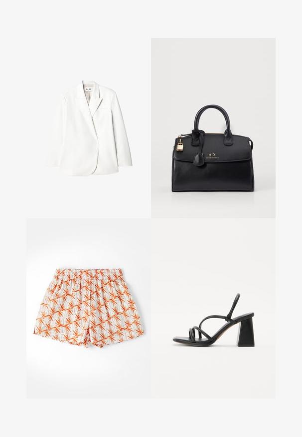 Bela prilagojena blazer jakna z notnimi reverji, enim žepom na prsih in dolgimi rokavi. Gladek material z blagim leskom, minimalistična zasnova.; Bela majica s kratkimi rokavi in okroglim izrezom, mehke teksture in udobnega kroja. Rahlo ukrivljen rob dodaja sproščen pridih.; Bela kratka hlače z oranžnim vzorcem palmovega lista, z elastičnim pasom in ohlapnim krojem. Narejene iz lahkega materiala, primerne za toplejše vreme.; Črne sandale s peto v obliki kvadrata, s široko peto in več tanjšimi trakovi čez stopalo ter odprtim dizajnom hrbta. Gladka usnjena tekstura.; Črna usnjena torbica s strukturirano obliko, z zlatim okovjem in podrobnostjo v obliki ključavnice. Ima dvojne zgornje ročaje in reliefno blagovno znamko na sprednji strani.