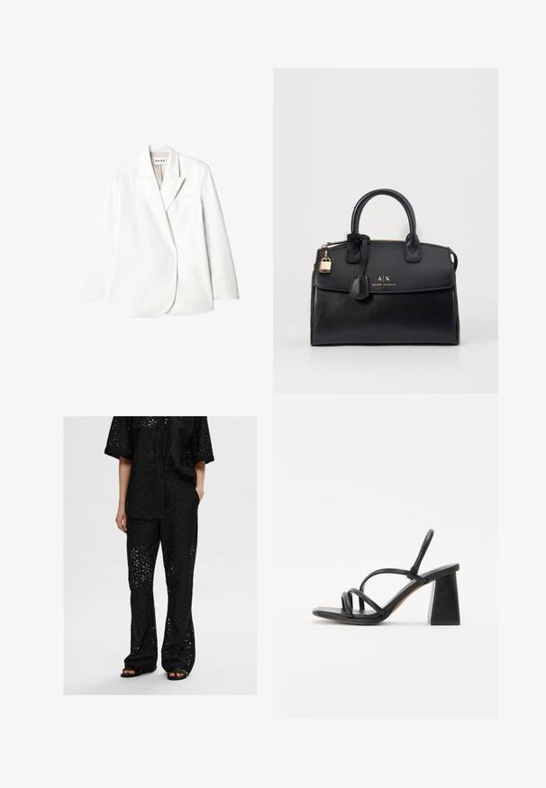 Witte op maat gemaakte blazer met notch revers, enkele borstzak en lange mouwen. Glad stof met een lichte glans, minimalistisch ontwerp.; Witte t-shirt met korte mouwen, een ronde hals, een zachte textuur en een ontspannen pasvorm. De iets afgeronde zoom voegt een casual accent toe.; Zwart tweedelig outfit bestaande uit een losse button-up shirt en broek, beiden gemaakt van geperforeerde stof met bloemenpatronen en een relaxte pasvorm.; Zwarte hoge sandaal met een vierkante, chunky hak, voorzien van meerdere dunne banden over de voet en een open achterkant. Gladde leren textuur.; Zwarte leren handtas met een gestructureerde vorm, gouden hardware en een slotdetail. Beschikt over dubbele bovenhandvatten en geperst merk op de voorkant.