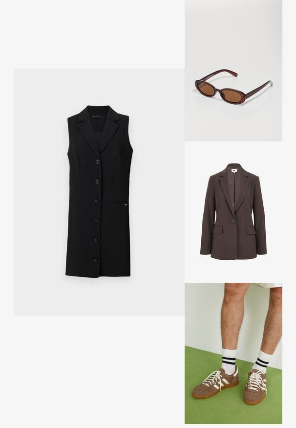 Hnědý blazer s pruhy, s výstřihovým klopovým límcem, jednopřezkovým zapínáním a dvěma předními kapsami. Hladká podšívka v tmavším odstínu.; Černé bezrukávové šaty s blejzrem a upraveným střihem, s klopami, šesti předními knoflíky a bočními kapsami. Hladká tkanina s minimálními akcenty.; Halenka s dlouhým rukávem v krémové barvě, s mírným řasením po stranách a klasickým límcem. Hladká textura, jednoduchý design.; Hnědé semišové tenisky s bílými akcenty a tkaničkami. Gumová podrážka. Nošeny s bílými ponožkami s černými pruhy. Zelená strukturovaná podlaha.; Kulaté sluneční brýle hnědé barvy s lesklým burgundským rámem. Úzké nožičky s jemným logem. Rovné čočky.; Hnědá pletená kožená kabelka s uvolněným trojúhelníkovým tvarem. Disponuje spleteným uchem a zipovým uzavíráním na vrchu.