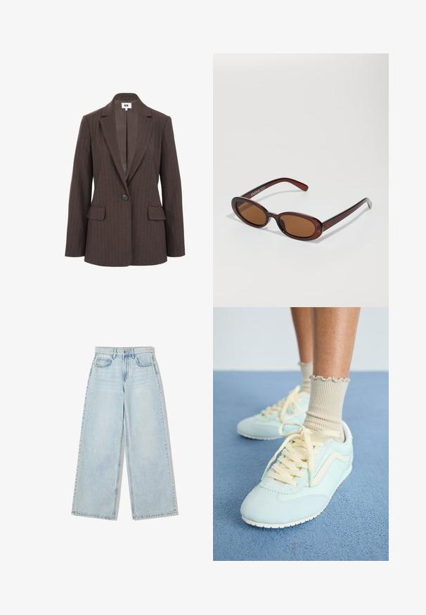 Ruskea raidoitettu bleiseri, jossa on lovellinen kaulus, yksittäinen nappikiinnitys ja kaksi etutaskua. Sisävuori on sileä ja tummemmassa sävyssä.; Pitkähihainen paita vaaleassa kankaassa, jossa on lievää kerääntymistä sivuilla ja klassinen kaulus. Sujuva rakenne, yksinkertainen muotoilu.; Vaaleansiniset leveälahkeiset farkut, joissa on korkeavyötärö, viisi taskua ja näkyvät ompeleet saumoissa.; Vaaleansinisiä mokkakenkiä, joissa on kermaiset nauhat ja yksityiskohdat, ominaispiirteenä teksturoitu pinta ja valkoinen kumipohja. Rypistyneet beige-sukat näkyvissä.; Pyöreät, ruskehtavat aurinkolasit, joissa on kiiltävä burgundinpunainen runko. Kapeat sivut, joissa on hienovarainen brändäys. Litteät linssit.; Ruskean kudottu nahkainen käsilaukku, jolla on löysä, kolmiomainen muoto. Varustettu punotulla kahvalla ja vetoketjukiinnityksellä ylhäällä.