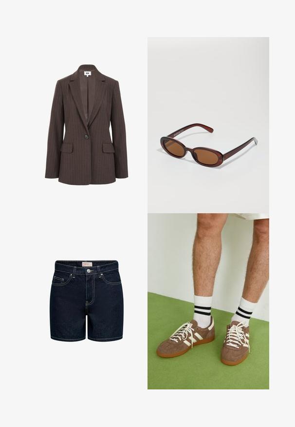 Brun pinstripes kavaj med slag, enkel knappstängning och två framfickor. Slät innervadding i en mörkare nyans.; Långärmad topp i krämfärgad tyg, med lätt drapering på sidorna och en klassisk krage. Slät yta, enkel design.; Mörkblå denimshorts med en figurnära design, fem fickor, guldtrådsstickning och stängning fram med knapp. Materialet har en slät yta.; Bruna mockaskor med vita detaljer och snören. Gummisula i beige. Bärs med vita strumpor med svarta ränder. Grön strukturerad golvyta.; Runda, bruntonade solglasögon med en glansig bordeauxfärgad ram. Smala bågar med subtilt varumärkesdetalj. Platt linsdesign.; Brun vävd läderhandväska med en slapp, triangulär form. Har ett flätat handtag och en dragkedjestängning längs toppen.