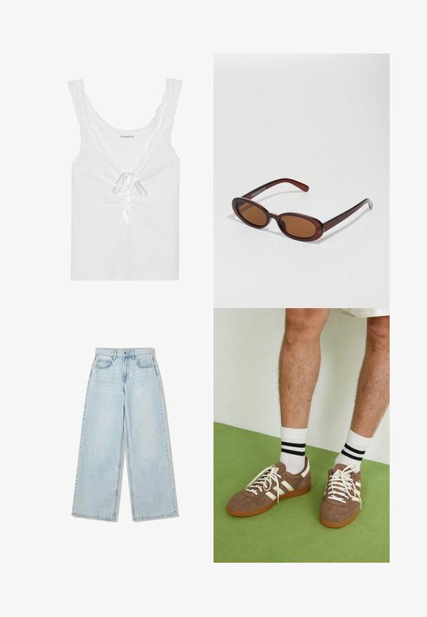 Blazer marrone a righe sottili con revers a punta, chiusura a un bottone e due tasche frontali. Fodera interna liscia di una tonalità più scura.; Top bianco senza maniche con bordi scallop, nodo frontale con nastro di raso e dettaglio arricciato al centro. Realizzato in tessuto morbido.; Jeans in denim azzurro chiaro a gamba larga, con vita alta, design a cinque tasche e cuciture visibili lungo le cuciture.; Sneaker in suede marrone con dettagli e lacci bianchi. Suola in gomma color gomma. Indossati con calzini bianchi con righe nere. Pavimento verde texturizzato.; Occhiali da sole rotondi con tonalità marrone, montatura lucida color bordeaux. Aste sottili con un sottile dettaglio del marchio. Design delle lenti piatte.; Borsa a tracolla in pelle intrecciata marrone con una forma triangolare morbida. Presenta una maniglia intrecciata e una chiusura con zip lungo la parte superiore.