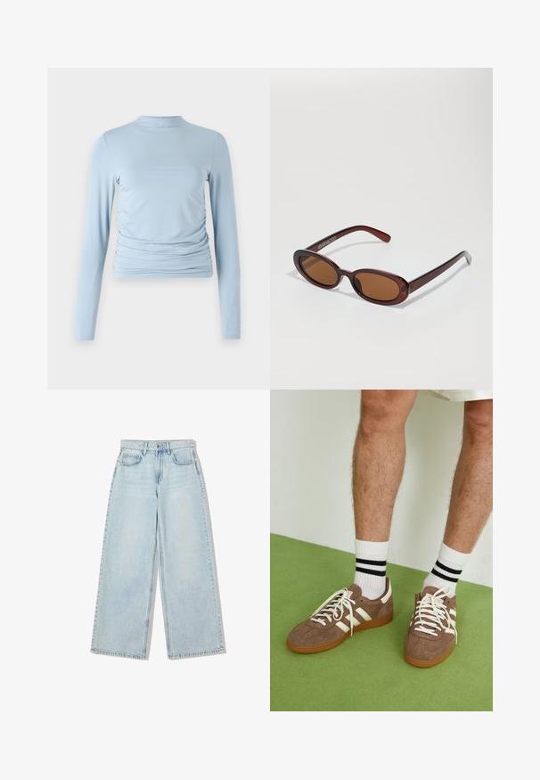 Smeđi sako s prugastim uzorkom, s reverima, zatvaranjem na jedan dugmad i dva prednja džepa. Glatka unutrašnja podstava u tamnijoj nijansi.; Svijetloplavi dupovski gornji dio s dugim rukavima, izrađen od glatke tkanine, s visokim ovratnikom, prilagođenim siluetom i nabranim detaljima sa strane.; Svijetloplave široke traperice, izrađene od denima, s visokim strukom, dizajnom s pet džepova i vidljivim šavovima duž šavova.; Smeđe nubuk tenisice s bijelim detaljima i vezicama. Gumeni potplat. Nosene s bijelim čarapama s crnim prugama. Zeleno teksturirano pod.; Okvir okruglih, smeđkastih sunčanih naočala s sjajnim burgundskim okvirom. Uski nositelji s suptilnim brendiranjem. Ravna leća.; Smeškan smeđi kožni torbica u obliku trokuta. Ima pletenu ručku i patentni zatvarač na vrhu.