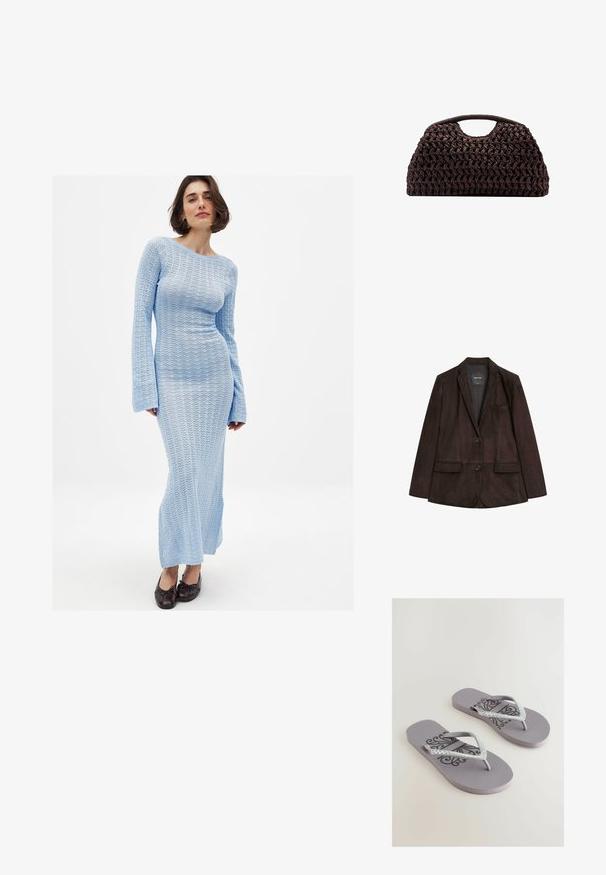 Blazer in suede marrone con rever a punta, chiusura a un bottone, due tasche anteriori e una tasca sul petto. Texture liscia e design su misura.; Abito a maniche lunghe, aderente, in maglia azzurro chiaro con un motivo testurizzato e a trama aperta. Presenta un collo a barca e maniche svasate che terminano alla caviglia.; Infradito grigi con una suola testurizzata, caratterizzati da un motivo decorativo nero e cinturini a forma di V arricchiti da strass luccicanti.; Borsa a tracolla intrecciata marrone con silhouette arrotondata, dotata di manico superiore e superficie testurizzata. Design compatto con base piatta per maggiore stabilità.