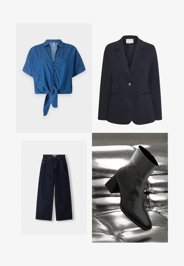 Tengerészblézer visszahajtott gallérral, egysoros gombolással, két elülső zsebbel és sima textúrával. Bélése van.; Kék farmer rövid ujjú ing, galléros nyakkal, gombos elejével és megkötős alsó résszel. Puha tapintású és laza fazonú.; Sötétkék farmer széles szárú nadrág magas derékkal, öt zsebbel, eltérő varrással és ezüstszínű fémalkatrészekkel. Sima textúra és tiszta finish.; Fekete bokacsizma fényes anyagból, négyzetes orral és szűkített sarkú, egy csillogó ezüst kárpitozott háttér előtt.