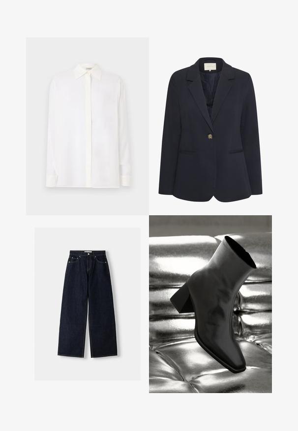 Navy blazer with a notched collar, single button closure, two front pockets, and a smooth texture. Lined interior.; White long-sleeve shirt with a pointed collar, button front, and a smooth, lightweight fabric. Features a straight cut and cuffed sleeves.; Dark blue denim wide-leg jeans with a high waist, five pockets, contrast stitching, and silver metal hardware. Smooth texture and clean finish.; Black ankle boot made of glossy material with a square toe and tapered heel, set against a shiny silver tufted background.