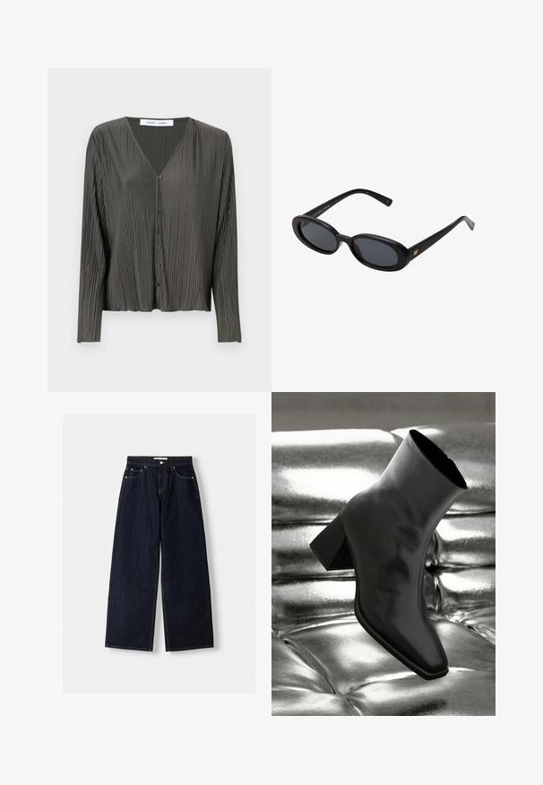 Marineblauwe blazer met een geknipt kraag, enkele knopen sluiting, twee voorzakken en een gladde textuur. Gevoerde binnenkant.; Donkergroene, langwerpige overhemden met knopen en een V-hals, met geplooide textuur en zwarte knopen. De stof lijkt glad en lichtgewicht.; Donkerblauwe denim wijduitlopende jeans met een hoge taille, vijf zakken, contrasterende stiksels en zilveren metalen hardware. Gladde textuur en een nette afwerking.; Zwarte enkellaarsjes van glanzend materiaal met een vierkante neus en taps toelopende hak, afgezet tegen een glanzende zilveren gecapitonneerde achtergrond.; Zwarte oversized zonnebril met ovale lenzen, een glad plastic montuur en gouden accenten op de pootjes. Donkere lenzen bieden bescherming tegen de zon.