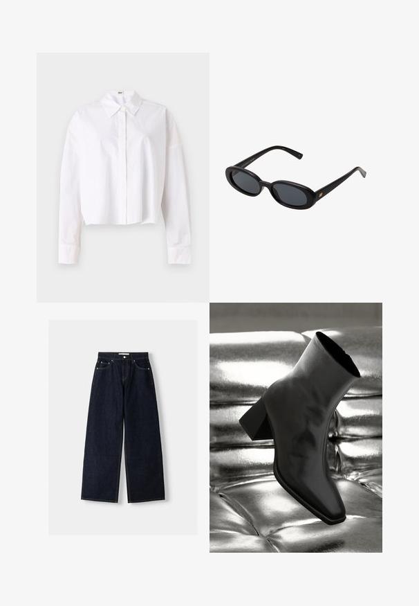 Blazer blu navy con colletto a punte, chiusura a singolo bottone, due tasche frontali e una texture liscia. Interno foderato.; Camicetta bianca corta in cotone con colletto classico, chiusura a bottoni frontale e maniche lunghe con polsini. Texture liscia, design semplice.; Jeans a gamba larga in denim blu scuro con vita alta, cinque tasche, cuciture a contrasto e hardware in metallo argentato. Texture liscia e finitura pulita.; Stivale alla caviglia nero realizzato in materiale lucido con punta quadrata e tacco affusolato, posizionato su uno sfondo argentato lucido con imbottiture a sfera.; Occhiali da sole neri oversize con lenti ovali, montatura in plastica liscia e accenti dorati sulle tempie. Le lenti scure offrono protezione dal sole.