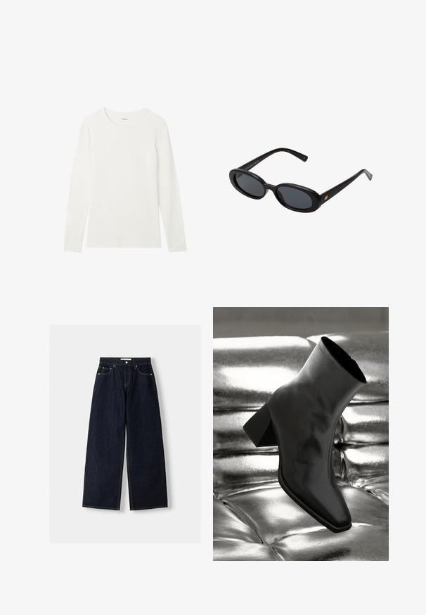 Navy blazer with a notched collar, single button closure, two front pockets, and a smooth texture. Lined interior.; Long-sleeve white t-shirt made of soft cotton, featuring a round neckline and a smooth, clean finish without any patterns or accents.; Dark blue denim wide-leg jeans with a high waist, five pockets, contrast stitching, and silver metal hardware. Smooth texture and clean finish.; Black ankle boot made of glossy material with a square toe and tapered heel, set against a shiny silver tufted background.; Black oversized sunglasses with oval lenses, smooth plastic frame, and gold accents on temple. Dark lenses provide sun protection.