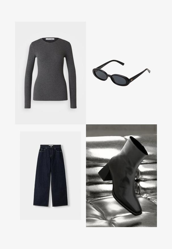 Marineblazer mit Reverskragen, einem Knopfverschluss, zwei Fronttaschen und einer glatten Textur. Futter im Inneren.; Langärmliges Oberteil mit Rundhalsausschnitt in Dunkelgrau, aus geripptem Stoff gefertigt, mit einer figurbetonten Passform, die eine glatte Textur und minimale Details aufweist.; Dunkelblaue, weite Jeans mit hoher Taille, fünf Taschen, Kontrastnähten und silbernem Metallzubehör. Glatte Textur und saubere Verarbeitung.; Schwarzer Knöchelstiefel aus glänzendem Material mit quadratischer Zehenform und verjüngtem Absatz, vor einem glänzenden silbernen gepolsterten Hintergrund.; Schwarze, oversized Sonnenbrillen mit ovalen Gläsern, glattem Kunststoffrahmen und goldenen Akzenten an den Bügeln. Die dunklen Gläser bieten Sonnenschutz.