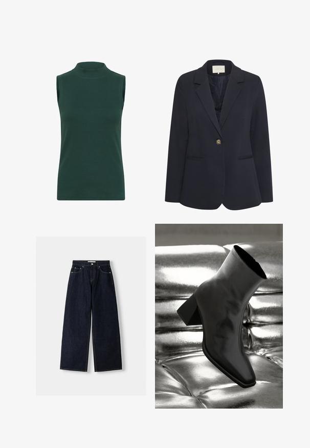 Marineblauwe blazer met een geknipt kraag, enkele knopen sluiting, twee voorzakken en een gladde textuur. Gevoerde binnenkant.; Mouwloze coltrui van ribstof in donkergroen. Beschikt over een hoge kraag, een zachte textuur en een aangesloten ontwerp.; Donkerblauwe denim wijduitlopende jeans met een hoge taille, vijf zakken, contrasterende stiksels en zilveren metalen hardware. Gladde textuur en een nette afwerking.; Zwarte enkellaarsjes van glanzend materiaal met een vierkante neus en taps toelopende hak, afgezet tegen een glanzende zilveren gecapitonneerde achtergrond.
