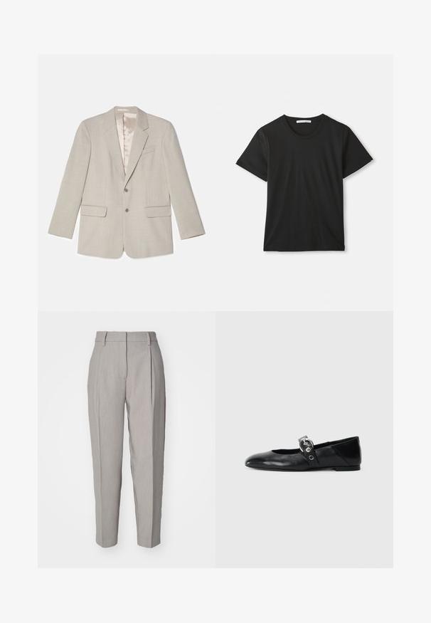 Heled hall blazer, millelõikega, kahe eesmine tasku ja ühe nupu sulgemisega. Omab siledat satiinist voodrit.; Must värvitooniga lühikeste varrukatega ringkaelusega puuvillane T-särk laotud valgele taustale, kus on nähtav brändi silt krae sees.; Heledad hallid püksid, millel on sile tekstuur, volditud esiosa ja sirge jalgade disain. Omab vöölõikeid ja läikivat viimistlust.; Mustadest nahast balleti kingad terava varbaga, millel on rihm ümmarguse metallist pandlaga ja lame tald.