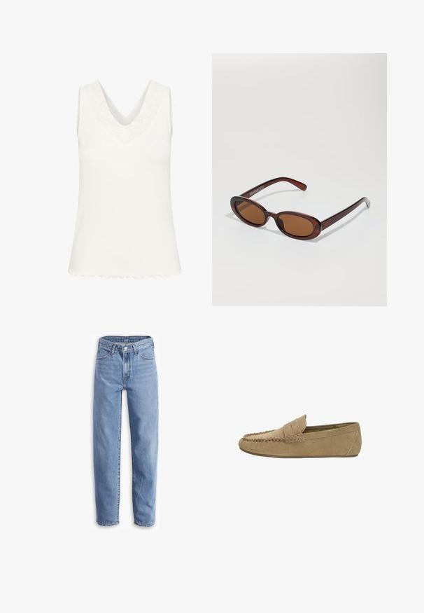 Schwarzer Nadelstreifen-Blazer mit breiten Revers, doppelreihigem Design, zwei Knöpfen und zwei horizontalen Fronttaschen.; Ärmelloses Top mit V-Ausschnitt aus weißen, gerippten Stoff, das an Ausschnitt und Wellenabschluss mit einer Spitzenbordüre veredelt ist. Glatte Textur insgesamt.; Helle blaue Jeans aus Denim, mit entspannter Passform, geradem Bein, Fünf-Taschen-Design und ausgefransten Säumen für einen lässigen Look.; Hellbraune Wildleder-Herrenlober mit genähter Mokassin-Spitze und Penny-Riemen, flache Gummisohle, seitliches Profil auf weißem Hintergrund.; Runde, braun getönte Sonnenbrillen mit einem glänzenden burgunderfarbenen Rahmen. Schlanke Bügel mit dezentem Branding. Flaches Linsendesign.