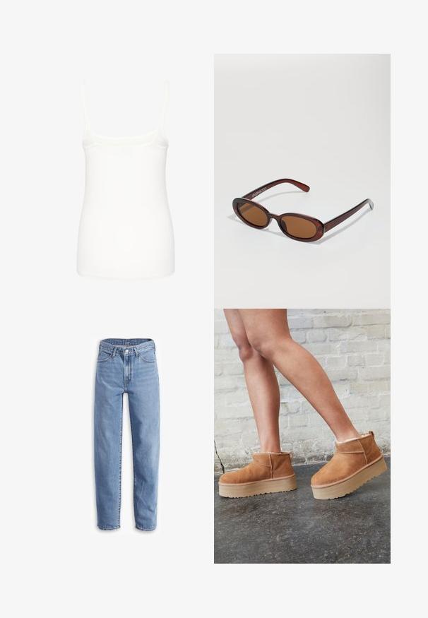 Crni blejzer s prugicama širokih revera, dvostruko zatvaranje, dva dugmeta i dva horizontalna prednja džepa.; Bijela majica bez rukava izrađena od glatkog materijala, s tankim naramenicama i uskim krojem s ravnim rubom. Bez dodatnih uzoraka ili naglasaka.; Svijetloplave traperice, opuštenog kroja, ravne nogavice, s pet džepova i izbrisanima na rubovima za ležeran izgled.; Smeđi antilop čizmi do gležnja s mekanim postavljanjem, debljim bež platformski potplat i stražnjim povlačnim trakama. Teksturirana površina s vidljivim šavovima.; Okvir okruglih, smeđkastih sunčanih naočala s sjajnim burgundskim okvirom. Uski nositelji s suptilnim brendiranjem. Ravna leća.