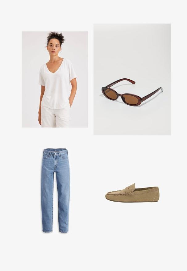 Crni blejzer s prugicama širokih revera, dvostruko zatvaranje, dva dugmeta i dva horizontalna prednja džepa.; Bijela pamučna majica s V-izrezom, kratkim rukavima i ležernim krojem. Tekstuirana tkanina s suptilnim meliranim uzorkom.; Svijetloplave traperice, opuštenog kroja, ravne nogavice, s pet džepova i izbrisanima na rubovima za ležeran izgled.; Svijetlosmeđi sued muški loafer s šavnim mokasin vrhom i penny trakama, ravni gumeni potplat, bočni profil na bijeloj pozadini.; Okvir okruglih, smeđkastih sunčanih naočala s sjajnim burgundskim okvirom. Uski nositelji s suptilnim brendiranjem. Ravna leća.