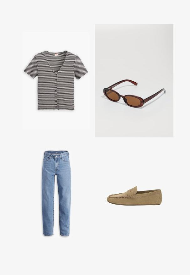 Černý oblekový blejzr s širokými klopami, dvouřadým zapínáním, dvěma knoflíky a dvěma horizontálními předními kapsami.; Krátký rukáv s knoflíkovým zapínáním a proužkovaný top v černobílé barvě s výstřihem do V a texturovanou tkaninou. Obsahuje několik knoflíků na přední straně.; Světle modré džíny vyrobené z denimu, s uvolněným střihem, rovnými nohavicemi, pěti kapsami a roztrhanými lemy pro neformální vzhled.; Světle hnědý nubukový pánský loafers s prošívaným mokasínovým špičkou a páskem na peníze, plochá gumová podrážka, boční profil na bílém pozadí.; Kulaté sluneční brýle hnědé barvy s lesklým burgundským rámem. Úzké nožičky s jemným logem. Rovné čočky.