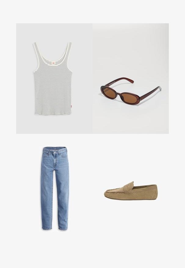 Fekete csíkos zakó széles hajtókákkal, dupla soros gombolással, két gombbal és két vízszintes elülső zsebbel.; Fehér bordás ujjatlan póló vékony fekete vízszintes csíkokkal és kerek kivágással, világosszürke háttéren kifektetve.; Világoskék, farmerből készült, laza szabású, egyenes lábú nadrág, öt zsebes dizájnnal és szaggatott szegélyekkel a sportos megjelenésért.; Világos barna velúr férfi lófarok, varrott moc toe-val és penny pánttal, lapos gumi talppal, oldalsó profil fehér háttér előtt.; Kerek, barna árnyalatú napszemüveg fényes burgundi kerettel. Karcsú karok diszkrét márkázással. Lapos lencse kialakítás.