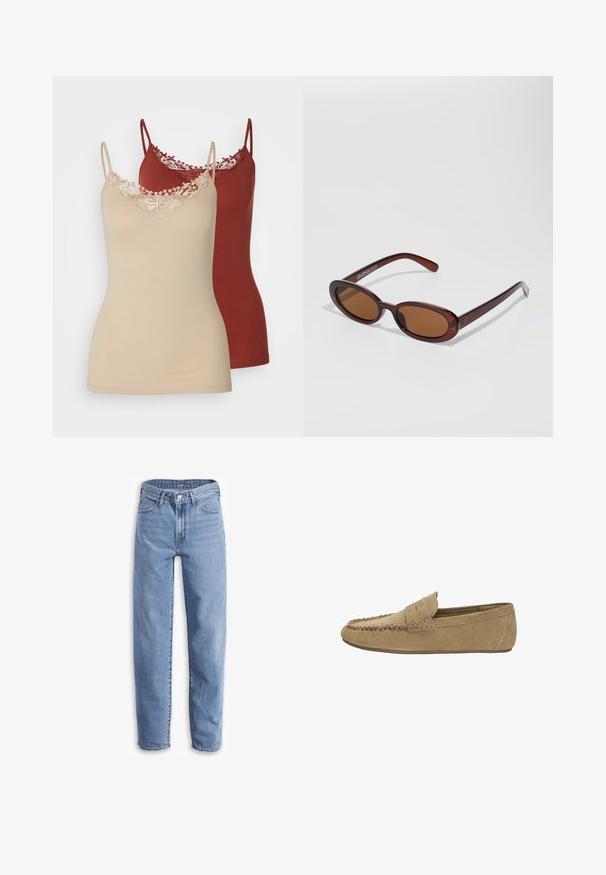 Czarny żakiet w paski z szerokimi klapami, podwójnym zapięciem na guziki, dwoma guzikami oraz dwiema poziomymi przednimi kieszeniami.; Dwie koszulki nocne w odcieniach beżu i burgundowym. Obie z cienkimi ramiączkami i koronkowym wykończeniem przy dekolcie. Gładki materiał i dopasowany krój.; Jasnoniebieskie dżinsy z denimu o luźnym kroju, prostych nogawkach, pięciu kieszeniach i postrzępionych końcach dla swobodnego wyglądu.; Jasnobrązowe zamszowe męskie loafersy z haftowanym noskiem moccasin i paskiem penny, z płaską gumową podeszwą, widok z boku na białym tle.; Okrągłe, brązowe okulary przeciwsłoneczne z błyszczącą bordową oprawą. Cienkie ramiona z subtelnym detalem marki. Płaski kształt soczewek.