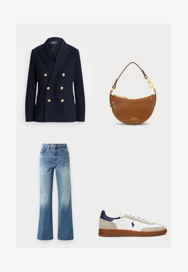 Blazer azul-marinho de botão duplo em tecido texturizado, com botões em tom dourado, lapelas em pico e dois bolsos frontais.; Suéter creme com padrão de malha trançada e decote em V, apresentando riscas azul marinho e azul claro na gola e na bainha inferior.; Jeans de cintura alta de cor azul clara, com corte amplo, textura desbotada, cinco bolsos e fecho de botão metálico.; Sapatilhas brancas e bege com um cabedal em camurça e pele, detalhes em azul-marinho e uma sola em borracha castanha. Apresenta o logótipo na lateral e um design com atacadores.; Bolsa de pele castanha com uma forma curva e hardware dourado. Apresenta um fecho superior e logótipo em relevo na frente. Inclui uma alça curta.