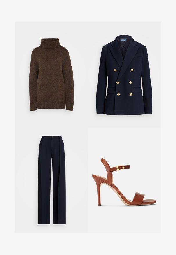 Blazer azul marino de doble botonadura en una tela texturizada, con botones en tono dorado, solapas con muesca y dos bolsillos frontales.; Suéter de punto marrón con un alto cuello de tortuga acanalado, corte holgado y tela texturizada que presenta sutiles motas multicolores en toda su superficie.; Pantalones de pierna ancha en color marino con pliegues, cierre de botón y una textura de tela suave. Diseñados para un ajuste suelto y cómodo.; Sandal de tacón alto de cuero marrón con un diseño elegante, correa ajustable en el tobillo y un sutil acento de hebilla dorada. De punta abierta y textura suave.