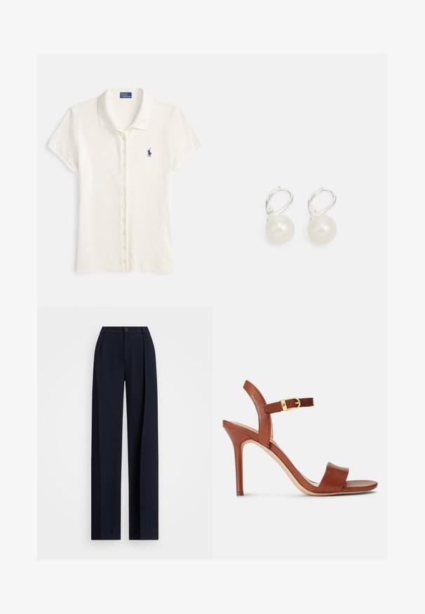 Jūras spēku divrindu žakete tekstilā ar reljefu, ar zeltainām pogām, ar izgrieztiem atlokiem un divām priekšējām kabatām.; Polo krekls no krēmkrāsas kokvilnas ar īsām piedurknēm, apkakli un pogu plāksnīti. Krūtīs ir neliels tumši zils logotips.; Jūras spēku plati bikses ar krokām, pogu aizdari un gludu auduma tekstūru. Izstrādātas brīvai, ērtai piegulšanai.; Biezie ādas augstpapēžu sandalītes ar elegantu dizainu, regulējamu potītes siksniņu un diskretu zelta sprādzi. Atvērtā purngala un gluda tekstūra.; Pērļu pilienu auskari ar pulētu virsmu, ar sudraba toņa piekariņu un apaļām, baltām pērļām. Vienkāršs, klasiskas dizains.