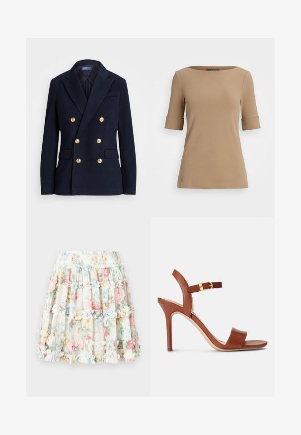 Navy double-breasted blazer in a textured fabric, featuring gold-tone buttons, notched lapels, and two front pockets.; Beige short-sleeve top with a round neckline, featuring rolled cuffs and a smooth texture. Small logo detail near the hem.; Floral tiered skirt with a cream background featuring pastel pink, blue, and green flowers. Elastic waistband with ruffled accents.; Brown leather high-heeled sandal with a sleek design, adjustable ankle strap, and subtle gold buckle accent. Open-toe and smooth texture.