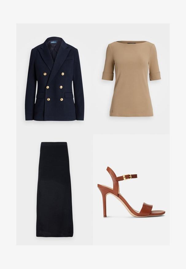 Tumed kaheuunine bleiser tekstuurses kangas, millel on kuldtoonides nupud, lõhikuga krae ja kaks esikotid.; Beige lühikeste varrukatega topp, ümarate kaeluste ja volditud varrukatega, ning siledast kangast. Väike logo detail hemme lähedal.; Mustvalge midi seelik, mis on valmistatud tekstureeritud võrgumaterjalist, painduva vöökohaga ja sirge lõikega, ühtlase värviga ja ilma mustriteta.; Pruun nahast kõrgem kontsaga sandaal, millel on sujuv disain, reguleeritav pahkluu rihm ja diskreetne kuldne detail. Avatud varbaosa ja sile tekstuur.