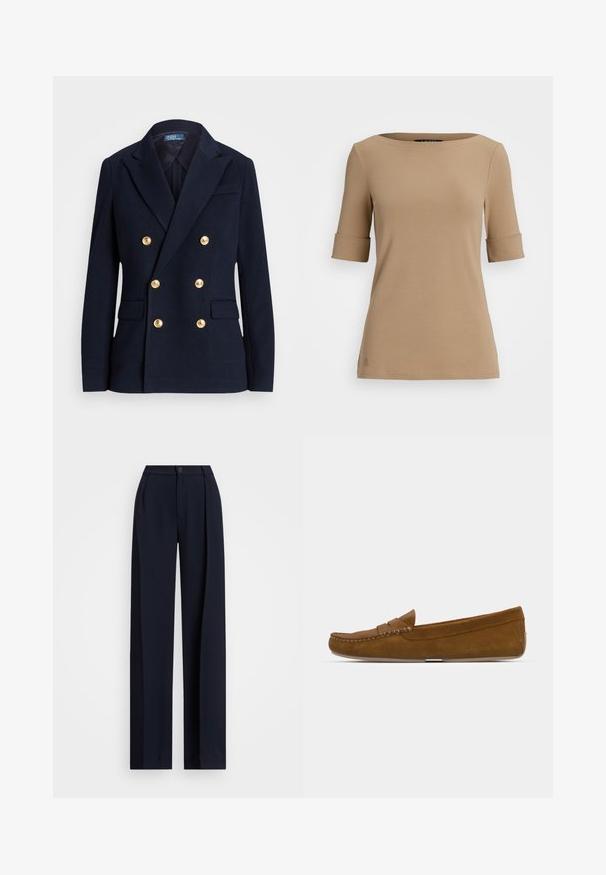 Námornícky dvojradový blejzer v textúrovanej látke, s gulatými zlatými gombíkmi, klopovými goliermi a dvoma prednými vreckami.; Béžový top s krátkym rukávom a okrúhlym výstrihom, s prehnutými manžetami a hladkou textúrou. Malý logo detail v blízkosti lemu.; Námornícke nohavice s širokými nohavicami a záhybmi, so zapínaním na gombík a hladkou textúrou látky. Navrhnuté pre voľný, pohodlný strih.; Hnedé semišové mokasíny so šitým švom, plochou podrážkou a zaoblenou špičkou. Jednoduchý dizajn so malou dekoratívnou páskou naprieč prednou časťou.