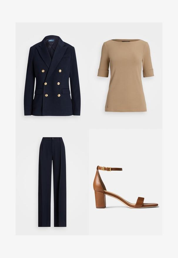 Granatowa marynarka dwurzędowa z teksturowanej tkaniny, z guzikami w kolorze złota, klapami i dwiema przednimi kieszeniami.; Beżowy top z krótkim rękawem i okrągłym dekoltem, z podwiniętymi mankietami i gładką teksturą. Mały detal z logo w pobliżu dołu.; Granatowe spodnie o szerokich nogawkach z plisami, zapinane na guzik, o gładkiej fakturze materiału. Zaprojektowane z myślą o luźnym, komfortowym dopasowaniu.; Lauren Ralph Lauren LOGAN tan