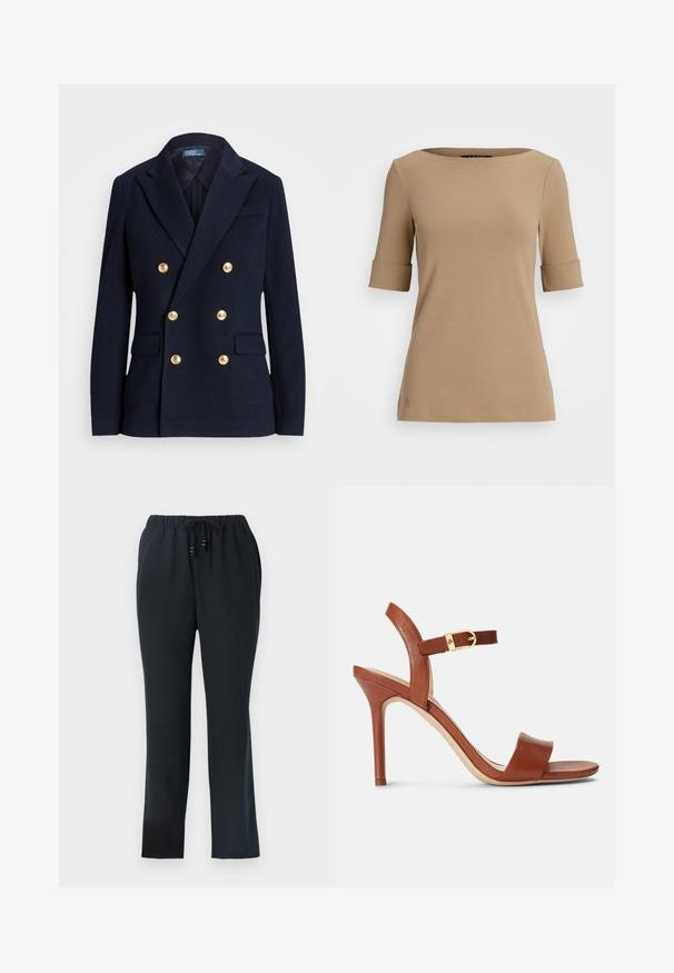 Tumed kaheuunine bleiser tekstuurses kangas, millel on kuldtoonides nupud, lõhikuga krae ja kaks esikotid.; Beige lühikeste varrukatega topp, ümarate kaeluste ja volditud varrukatega, ning siledast kangast. Väike logo detail hemme lähedal.; Mustavad, lõdva lõikega püksid, millel on elastne vöökoht ja pael. Valmistatud kergest kangast, millel on sile tekstuur ja sirged sääred.; Pruun nahast kõrgem kontsaga sandaal, millel on sujuv disain, reguleeritav pahkluu rihm ja diskreetne kuldne detail. Avatud varbaosa ja sile tekstuur.