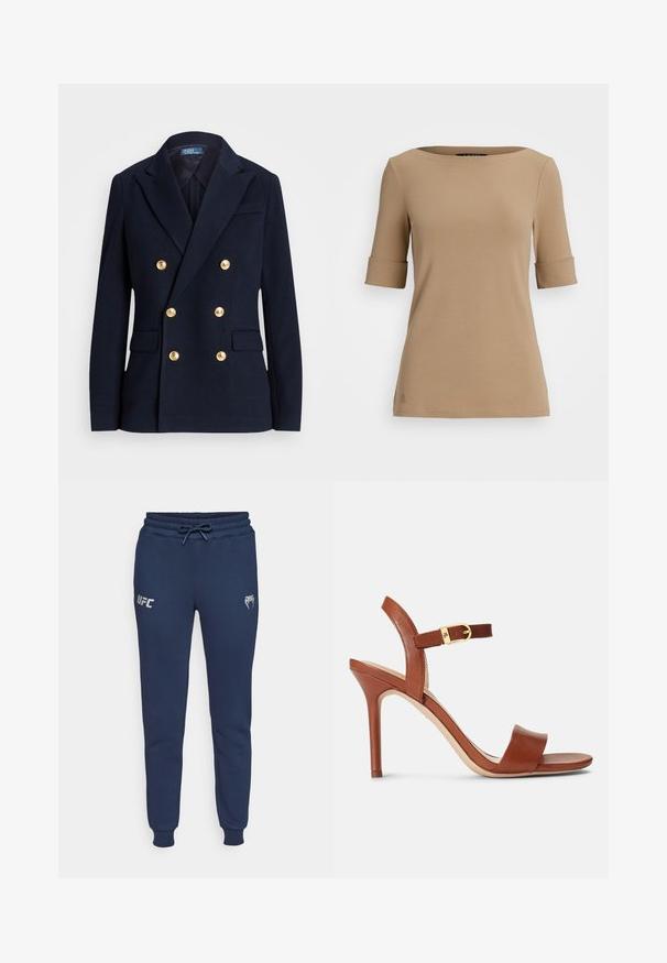 Tumed kaheuunine bleiser tekstuurses kangas, millel on kuldtoonides nupud, lõhikuga krae ja kaks esikotid.; Beige lühikeste varrukatega topp, ümarate kaeluste ja volditud varrukatega, ning siledast kangast. Väike logo detail hemme lähedal.; Tumesinised dressipüksid, mis on valmistatud pehmest kangast. Neil on reguleeritav kummivöökoht, soonikkoes mansetid ja vasakul pool trükitud UFC logo.; Pruun nahast kõrgem kontsaga sandaal, millel on sujuv disain, reguleeritav pahkluu rihm ja diskreetne kuldne detail. Avatud varbaosa ja sile tekstuur.
