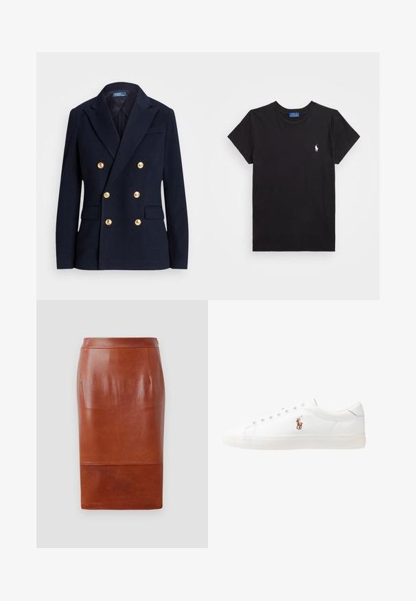 Blazer bleu marin cu două rânduri de nasturi, dintr-un material texturat, având butoane de culoare aurie, rever cu tăietură și două buzunare frontale.; Tricou din bumbac negru cu gât rotund, mâneci scurte și un logo brodat alb pe pieptul stâng. Textură netedă, design casual.; Fustă conică din piele maro cu o textură netedă, design până la genunchi și o strălucire subtilă. Dispune de un talie ajustată și buzunare laterale.; Adidași din piele albă, design de tip low-top, cu o textură netedă, vârf rotund, față șiretată și un mic logo brodat pe lateral.
