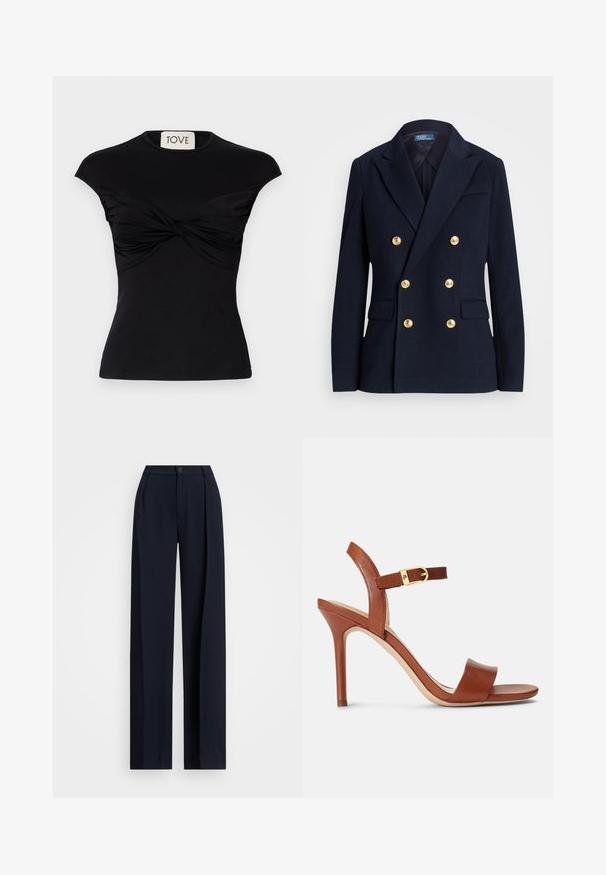 Blazer azul-marinho de botão duplo em tecido texturizado, com botões em tom dourado, lapelas em pico e dois bolsos frontais.; Top preto de manga curta com detalhe torcido à frente e silhueta ajustada. Feito de um tecido elástico e suave. Marca: TOVE.; Calças largas em azul-marinho com pregas, fecho de botão e uma textura de tecido suave. Projetadas para um ajuste solto e confortável.; Sandal de salto alto em couro castanho com um design elegante, tira de tornozelo ajustável e um discreto fecho dourado. Com ponta aberta e textura suave.