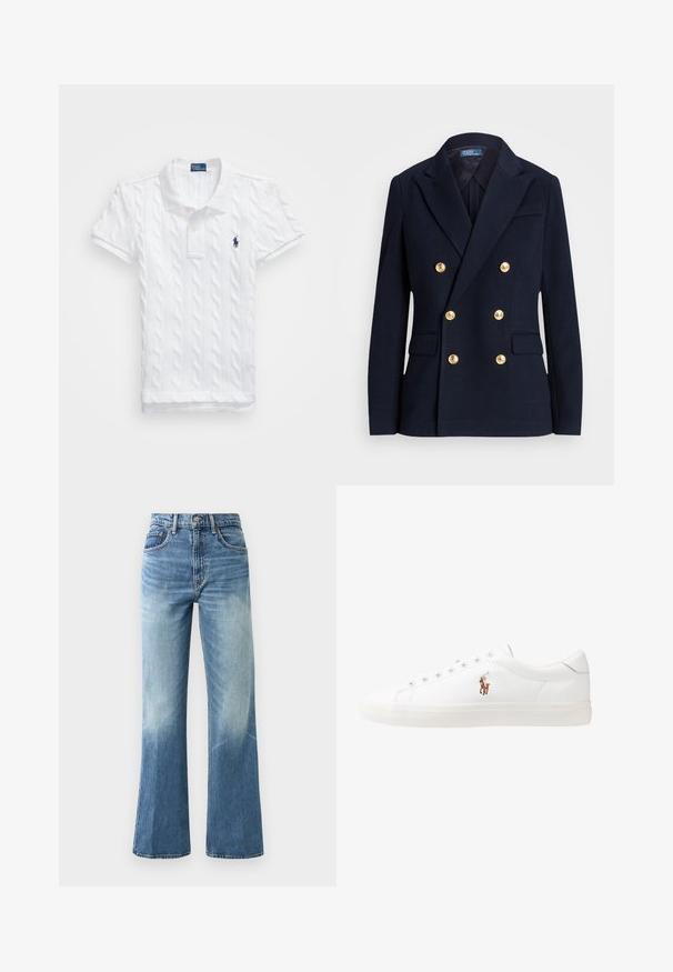 Jūras spēku divrindu žakete tekstilā ar reljefu, ar zeltainām pogām, ar izgrieztiem atlokiem un divām priekšējām kabatām.; Balta polo krekls ar teksturētu adījumu, salocīta apkakle un īsām piedurknēm. Tam ir divi pogas un mazs tumši zils logo kreisajā krūtī.; Gaiši zili augstās jostasvietas džinsi, ar plašu kāju griezumu, izbalējušu tekstūru, piecām kabatām un metāla pogu aizdari.; Baltas ādas sporta apavi, zema dizaina, ar gludu tekstūru, noapaļotu purngalu, ar auklēm priekšpusē un nelielu izšūtu logotipu sānos.