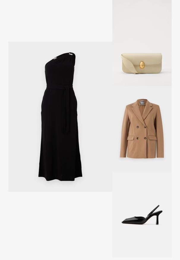 Brązowa marynarka dwurzędowa z gładkiego materiału, z klapami, dwiema przednimi kieszeniami oraz okrągłymi guzikami z delikatnym wzorem.; Czarna sukienka na jedno ramię z miękkiego materiału. Posiada pasek w talii i boczne rozcięcie, z metalicznym akcentem na ramieniu. Długość do ziemi.; Czarne skórzane czółenka typu slingback z wąskim noskiem, minimalistyczny design, cienki pasek wokół kostki i elegancka szpilka. Gładka tekstura.; Beżowa skórzana torebka o gładkiej fakturze, prostokątnym kształcie i złotym, owalnym zapięciu. Posiada długi, regulowany pasek.
