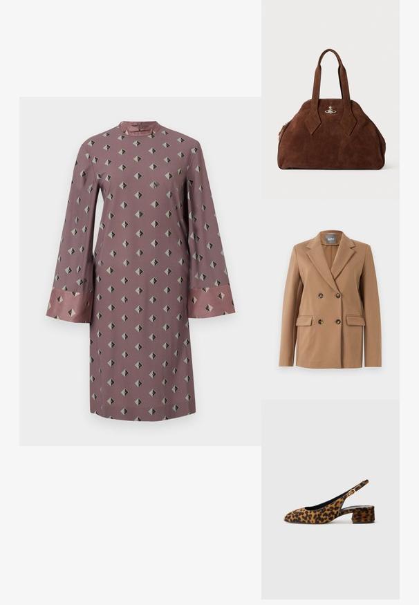 Blazer marrone doppiopetto in un tessuto liscio, con reversal a punta, due tasche frontali e bottoni rotondi con un design sobrio.; Abito a maniche lunghe in tessuto rosa polveroso con un motivo geometrico a diamante in grigio scuro e nero, con polsini in raso a contrasto.; Scarpa slingback da donna in stampa leopardata con tacco basso a blocco e fibbia dorata sul cinturino laterale, mostrata in profilo su sfondo semplice.; Borsa in suede marrone con una forma strutturata, corpo arrotondato e manici a forma di diamante allungati. Presenta una chiusura in metallo argentato.